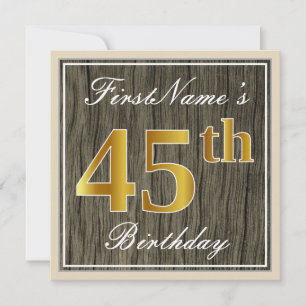 Convite Elegante, Faux Wood, Faux Dourado 45º Aniversári