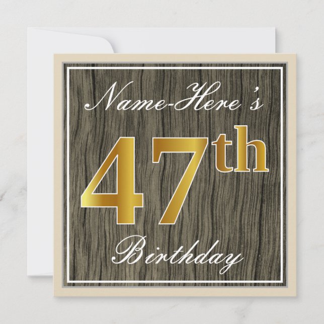 Convite Elegante, Faux Wood, Faux Dourado 47.º Aniversário (Frente)