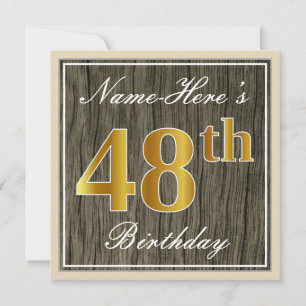 Convite Elegante, Faux Wood, Faux Dourado 48º Aniversári