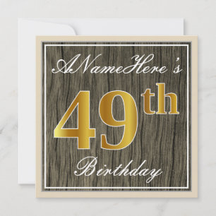 Convite Elegante, Faux Wood, Faux Dourado 49º Aniversári