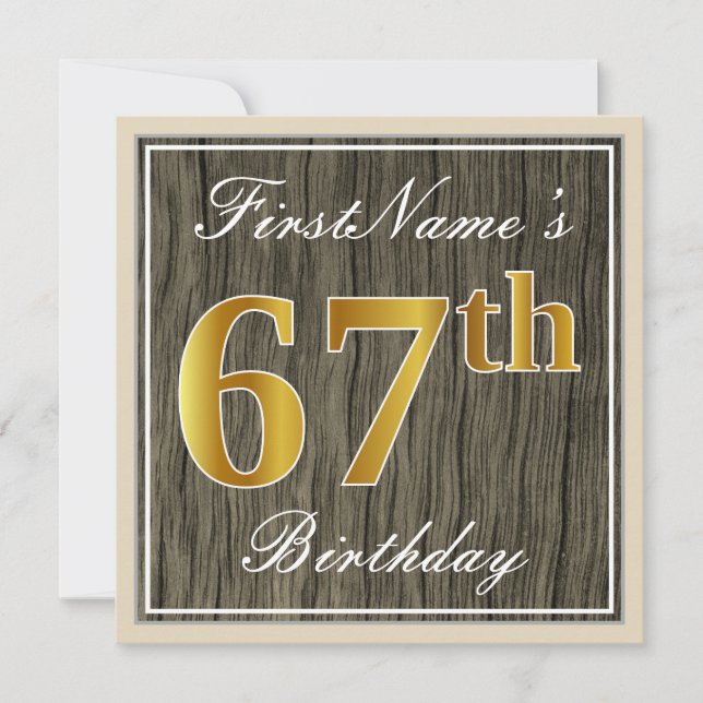 Convite Elegante, Faux Wood, Faux Dourado 67.º Aniversário (Frente)
