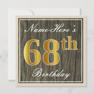 Convite Elegante, Faux Wood, Faux Dourado 68.º Aniversário
