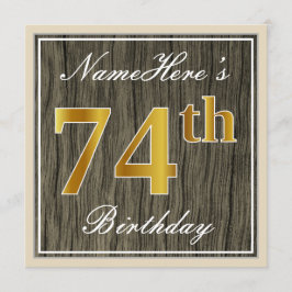 Convite Elegante, Faux Wood, Faux Dourado 74.º Aniversário