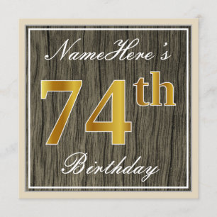 Convite Elegante, Faux Wood, Faux Dourado 74.º Aniversário