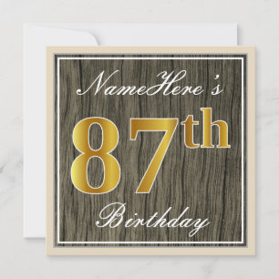 Convite Elegante, Faux Wood, Faux Dourado 87º Aniversári