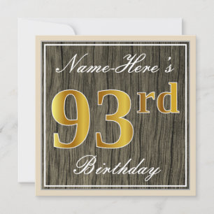 Convite Elegante, Faux Wood, Faux Dourado 93º Aniversári