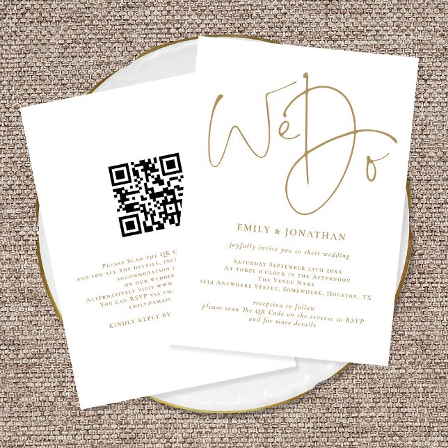 Convite Elegante Fazemos Casamento de Código QR de Script  (Front and Back View. Available printed or digitally.)