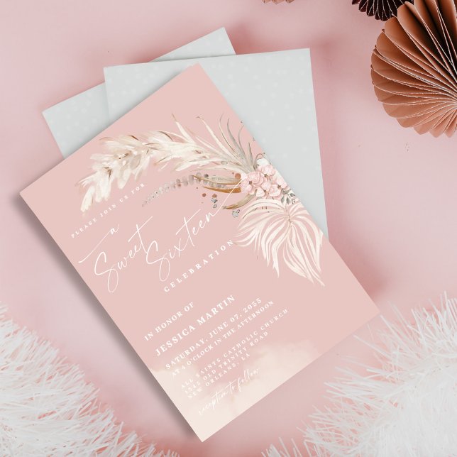 Convite Elegante Festa Boho Pampas Rosa Clássico 16 Anos (Criador carregado)