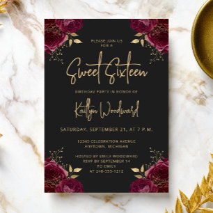 Convite Elegante Festa Burgundy Dourada Floral Dark Sweet 