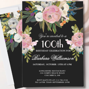 Convite **Elegante festa de 100 anos com flores pintadas à