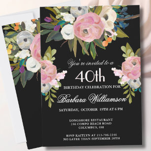 Convite *Elegante festa de 40 anos com flores pintadas à m