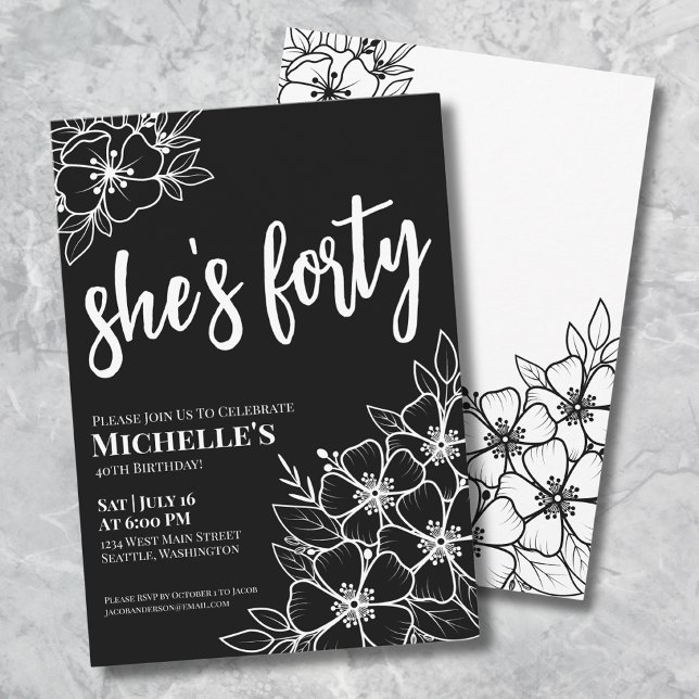 Convite Elegante Festa de 40 Anos Preto e Branco (Elegant Forty Black White 40th Birthday Party Invitation)