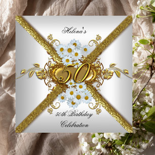 Convite Elegante Festa de 50º Aniversário Branco Dália Dou