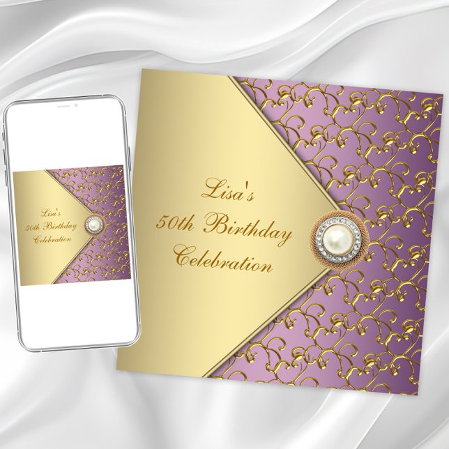 Convite Elegante festa de 50 anos da mulher em roxo e dour (Elegant birthday or any occasion invitation. Instant download and printed invitations available)