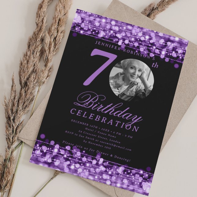 Convite Elegante festa de 70 anos com luzes roxas (Elegant Photo 70th Birthday Party Purple Lights Invitation)