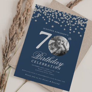 Convite Elegante Festa de 70 Anos de Idade Foto Prata Azul