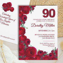 Convite Elegante festa de 90 anos - Florais Vermelhos Ousa