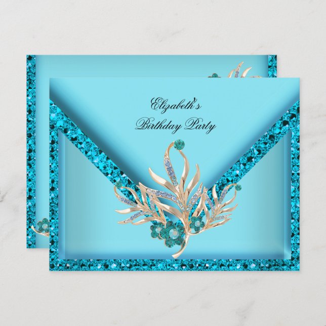 Convite Elegante Festa de aniversário Azul Aqua Brilhante (Frente/Verso)
