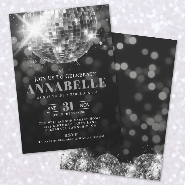 Convite Elegante Festa de aniversário branca escura 50ª (Elegant Black White 50th Birthday Party Invitation)