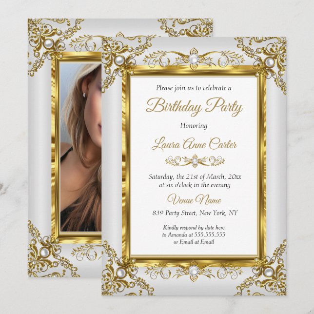 Convite Elegante Festa de Aniversário com Pérola Cinza Dou (Frente/Verso)