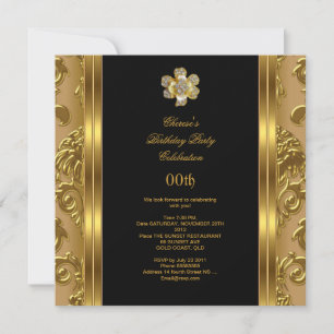 Convite Elegante Festa de Aniversário Damasco Dourado Diam