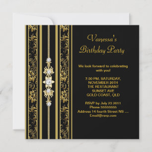 Convite Elegante Festa de Aniversário Damasco Dourado Pret