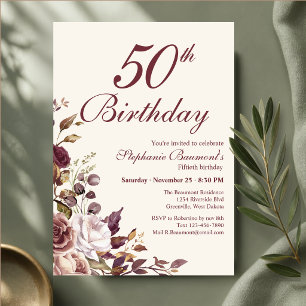 Convite Elegante festa de aniversário de 50 anos em burgun