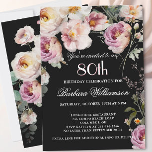 Convite *Elegante Festa de Aniversário de 80 Anos com Flor