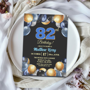 Convite Elegante Festa de Aniversário de 82 Anos Azul Prat
