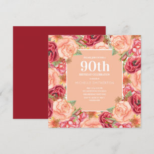 Convite Elegante Festa de Aniversário de 90 Anos Vermelho