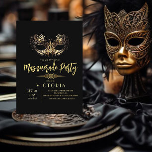 Convite Elegante Festa de Aniversário de Mascarada Preto e