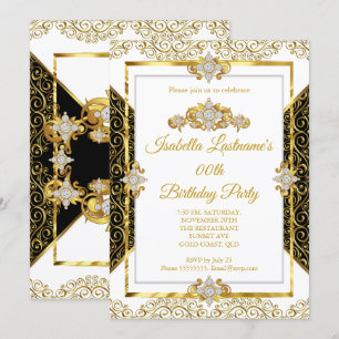 Convite Elegante Festa de Aniversário em Damasco Dourado e
