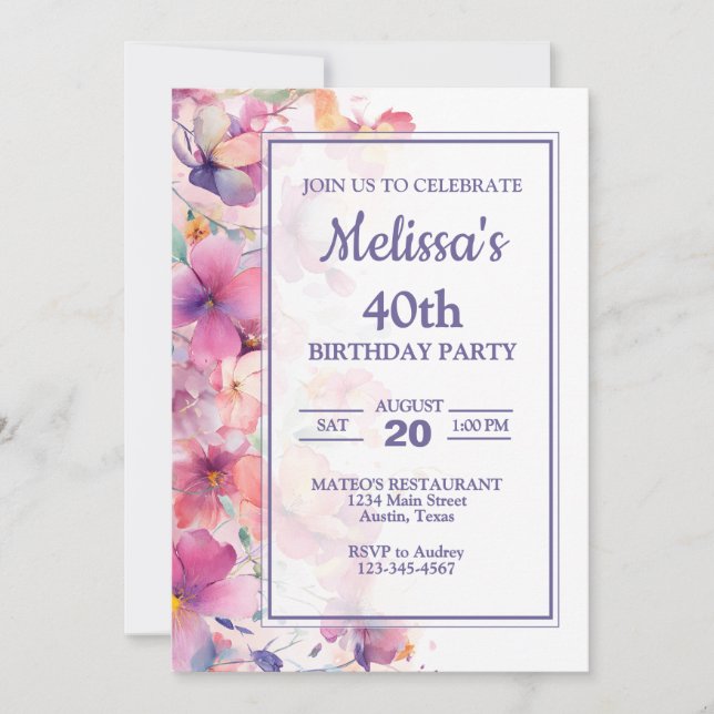 Convite Elegante festa de aniversário floral (Frente)