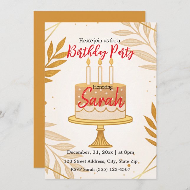 Convite elegante festa de aniversário minimalista de ouro  (Frente/Verso)