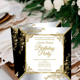 Convite Elegante Festa de Aniversário Preto Dourado Prata