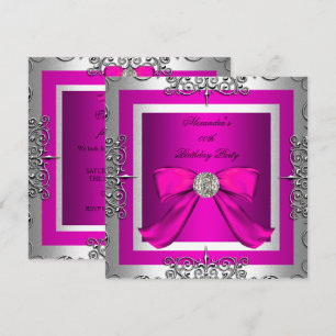 Convite Elegante Festa de Aniversário Rosa Quente Prata