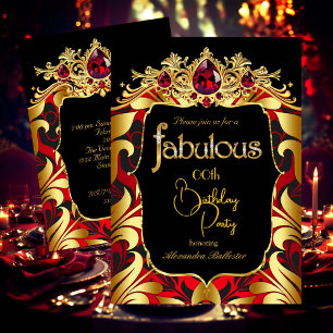 Convite Elegante Festa de Aniversário Vermelho Dourado Pre