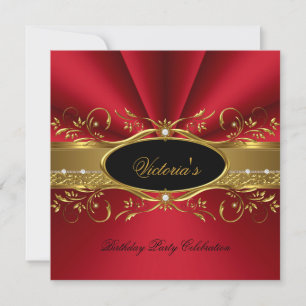 Convite Elegante Festa de Aniversário Vermelho Dourado Pre