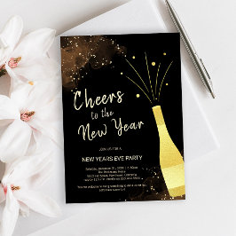 Convite Elegante Festa de Ano Novo com Champanhe Dourado