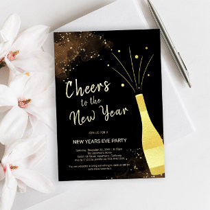 Convite Elegante Festa de Ano Novo com Champanhe Dourado
