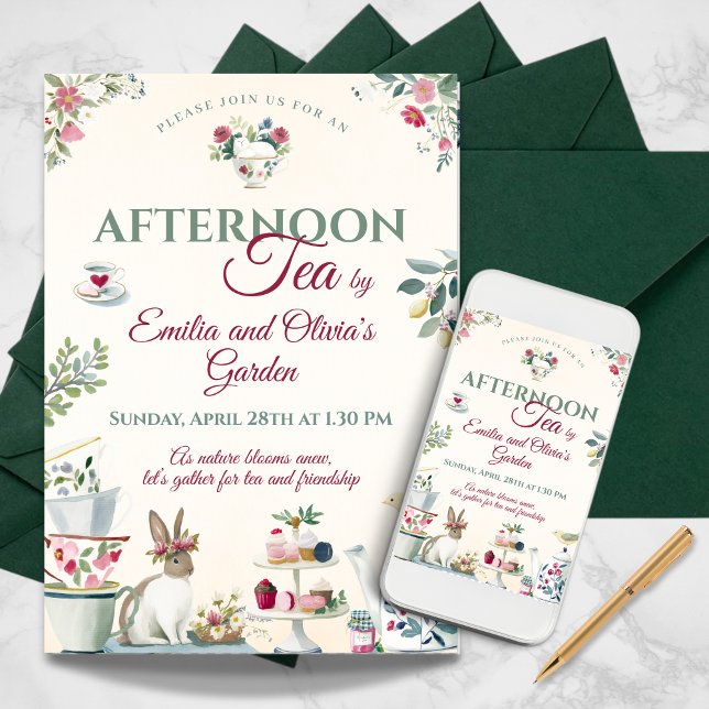 Convite Elegante Festa de Chá de Jardim de Primavera à Tar (Elegant Spring Garden Afternoon Tea Party Invitation)