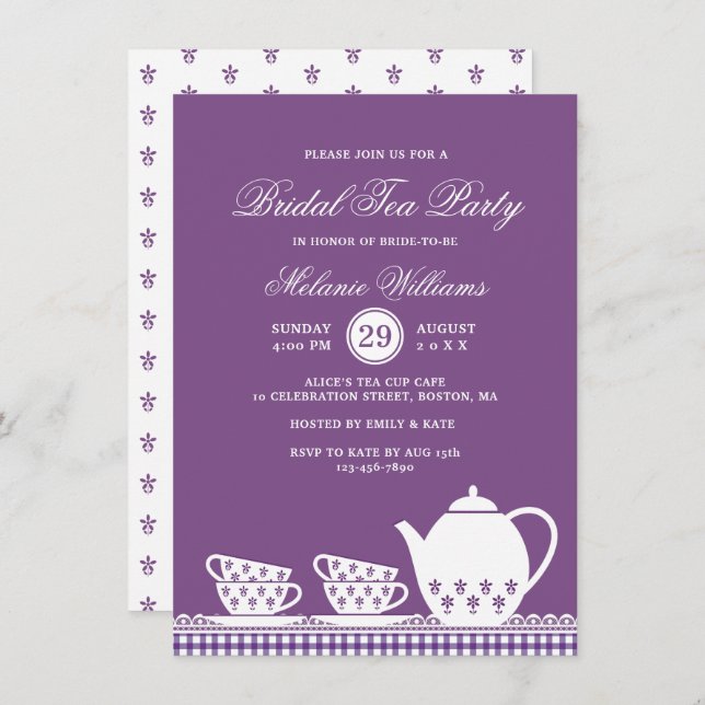 Convite Elegante Festa de Chá de Noiva Moderna em Roxo (Frente/Verso)