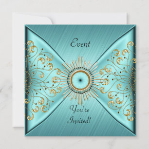 Convite Elegante Festa de Evento Azul Turquesa Dourado