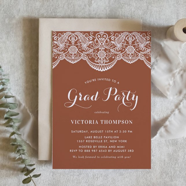 Convite Elegante Festa de formatura Brocade Lace Terracott (Customizable boho graduation invitation featuring white lace and a terracotta background.)