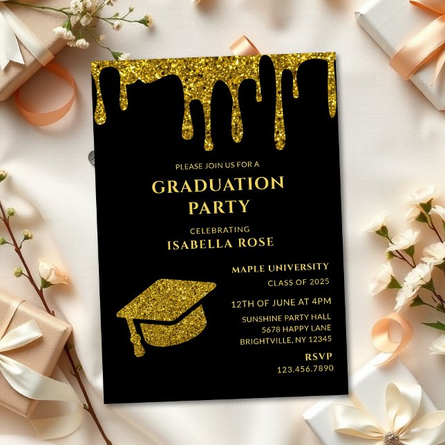 Convite Elegante Festa de formatura Chic Black e Dourada 2 (Elegant chic black and gold class of 2025 graduation party invitations, graduation invitations cards)