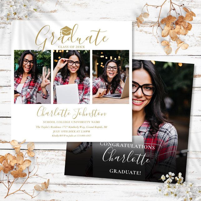 Convite Elegante Festa de Formatura com Letra Dourada 4 Fo (Elegant Gold Script 4 Photo Graduation Party Invitation)