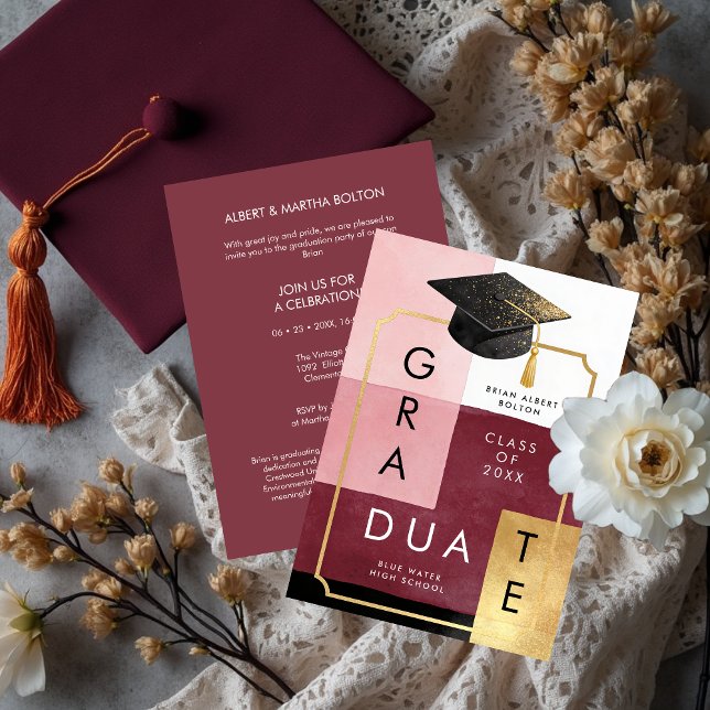 Convite Elegante Festa de Formatura com Toques Modernos Ab (Modern Abstract Graduation Cap Invitation Design for Graduation Party. )