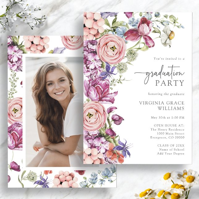 Convite Elegante Festa de formatura de flor selvagem (Elegant Wildflower Graduation Party Invitation with Picture by Painted Paperie
)
