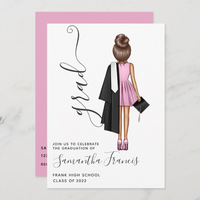 Convite Elegante Festa de formatura Rosa e Garota Marrom (Frente/Verso)