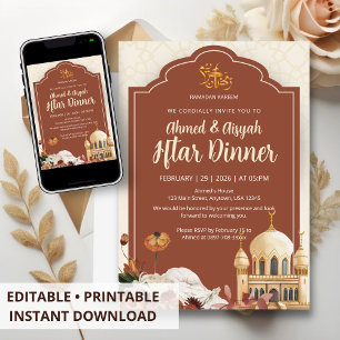 Convite Elegante Festa de Iftar com Mesquita em Aquarela F